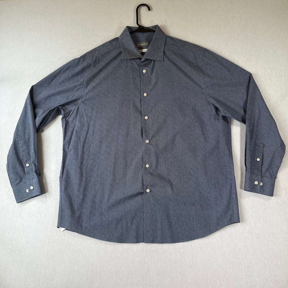 Michael Kors Dress Shirt Mens 17.5 34/35 XL Navy Blue Micro Dot Non Iron Stretch